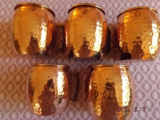 Set Of 5 Hammered Copper Mugs With Brass Handles - 2 Have Leather Strap Around H