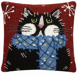 Funky Winter Lisa Hilliker Cat Christmas Hooked Wool Throw Pillow - 16 " X 16 "