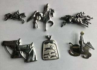 Equestrian Horse/jockey Pins & Pendant Set Of 6 Sterling Signed J,  R,  Silversmiths