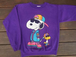 Vtg Peanuts By Design Snoopy Two Sided Purple Flourescent Hip Hop Sweatshirt L