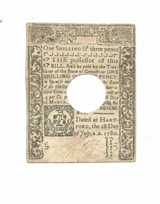 Orig.  State Of Connecticut Colonial Note " One Shilling & Three Pence " 1780