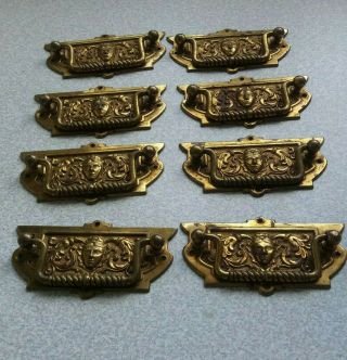 Set Eight Antique Brass Arts Crafts Drawer Pulls / Door Handles - Lady - 1886
