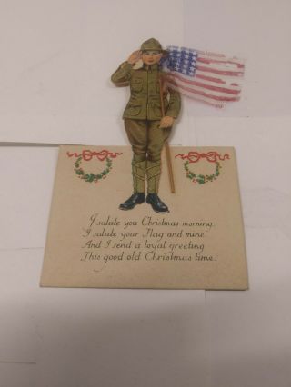 Boy Scout Christmas Card 1915 Standing Boy Scout Holding A Silk Us Flag W/ Card
