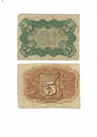 Set of 2 U.  S.  Fractional notes: 5 Cents notes 1860s aVF 2