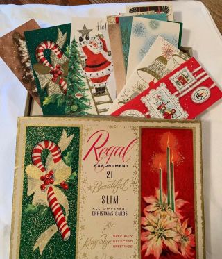 Vtg Regal Assortment Slim Christmas Cards Santa Bells Holly,  Envlps