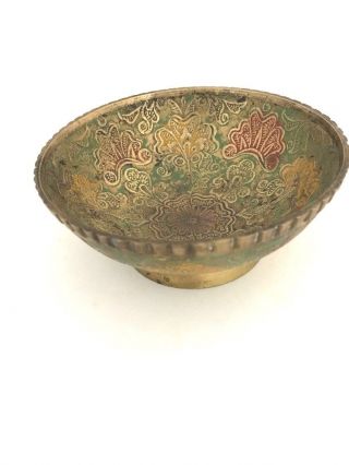 Vintage Etched Hand Painted Flowers Footed Brass Bowl India 4.  25” X 1.  75”