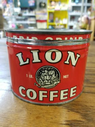 Vintage Lion One Pound Coffee Tin Can Key Wind Kw York Toledo Oh Litho Usa