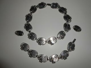 Vtg 40s Heavy Sterling Silver Jensen Style Necklace Bracelet Earring Set 96 Gram