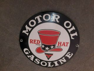 Porcelain Red Hat Gasoline Enamel Sign Size 12 " Inche Round