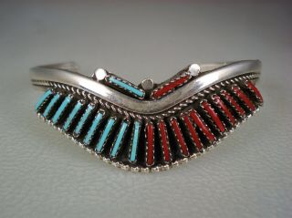 Vintage Zuni Sterling Silver & Needlepoint Turquoise Red Coral Row Bracelet
