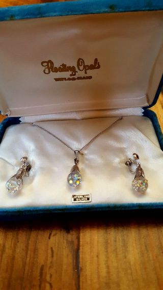 Vintage Floating Opal Sterling Silver Snow Globe Glass Screw Back Earrings Box