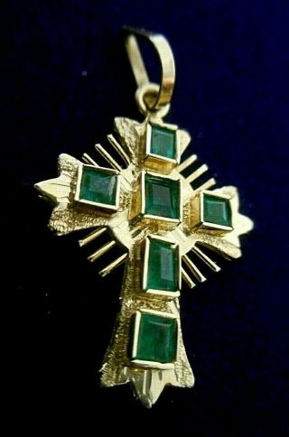 Rare 18k Solid Gold Cross Pendant 6 Hi Grade Natural Emeralds,  1 - 1/16x5/8
