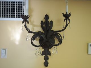 Ornate Metal Wall Sconce Light Fixture With Crystals Pair