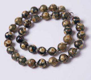 Antique Vintage Chinese Jade Green Floral Painted Stone Bead Necklace
