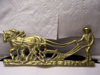 Vintage Brass Work Horses With Ploughman Plowing The Field Statuette