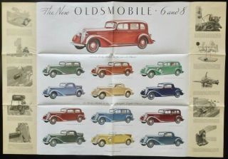 Vintage Rare Art Deco 1933 Oldsmobile 6 & 8 Fold - Out Wall Poster Sales Brochure