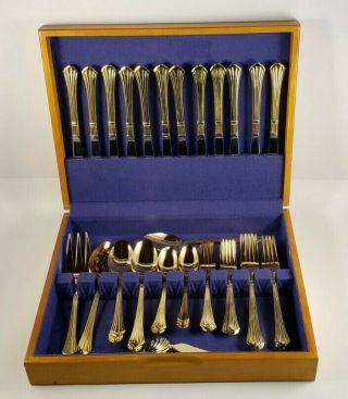 65 Piece Hf Ltd Gold Stainless Flatware Hanford Forge Silverware Service For 12