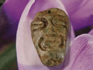 Ancient Pre - Columbian Mesoamer Green Jade Face Bead 43 By 28 By 8 Mm Repaired