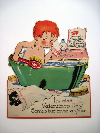 Large Vintage Mechanical Valentine Card W/ Cute Red Head Boy Taking Bath