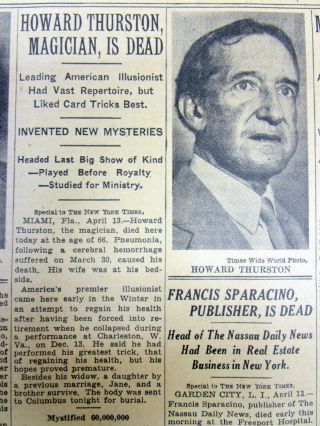 1936 Ny Times With Death Of The Famous Magician Howard Thurston