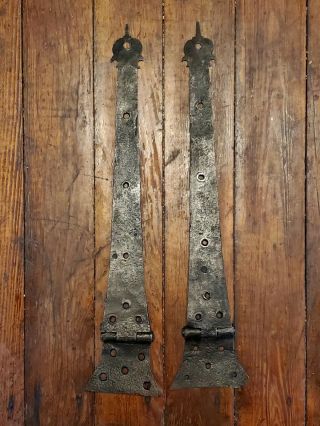 2 Antique Large Hand Forged Barn Door Strap Hinges Ornate Rustic Parts Restore 2