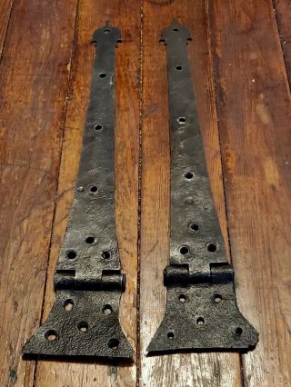 2 Antique Large Hand Forged Barn Door Strap Hinges Ornate Rustic Parts Restore 3