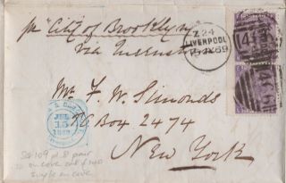 1869 Qv Liverpool Cover With Vertical 6d Stamps To York Usa Cat £280