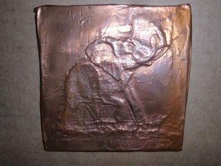 Vintage Copper Relief Elephant 3 D Tile Embossed Hammered Tin Art Folk Art
