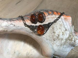 Baltic Amber Sterling Silver Necklace And Earrings Pierced Set Antique