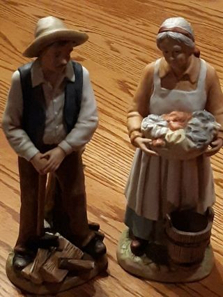 Vintage Homco Old Man & Woman Home Interiors 8829 Farmers Couple Figurines 10 "