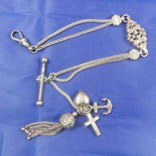 Antique Silver Albertina Watch Chain Tassel Fob Faith Hope Charity Charms