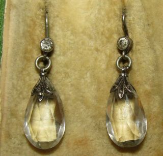 Charming,  Antique Victorian Sterling Silver Rock Crystal And Paste Earrings