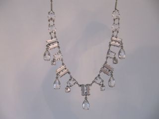 Elegant Vintage Germany Art Deco Crystal Open Back Bezel Silver Necklace