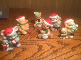 6 Homco Christmas Animal Figurines Decorations - Dog,  Cat,  Mouse,  Bear,  Raccoon