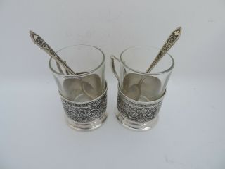 2 Antique Signed Persian Islamic Solid Silver Cup Holders W Glass Inserts Spoons
