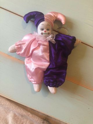 Vintage Jester Baby Clown Doll Porcelain Face 9” Pink/purple