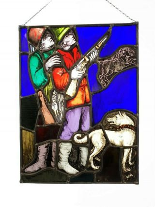 Antique Signed Stained Glass Leaded Window Panel Hunting Scene E/0343
