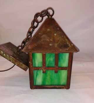 Antique Pendant Art Crafts Mission Light Fixture Green Slag Glass (2 Available)