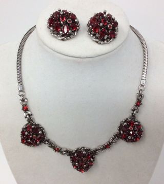 Vintage 1950s Barclay Ruby Red Rhinestone Silver Tone Petite Necklace & Earrings