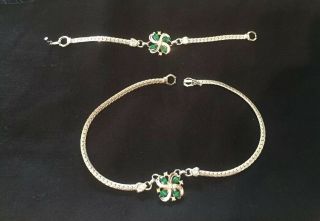 Sterling Silver Vintage 925 Green Gem Herring Bone Necklace And Bracelet