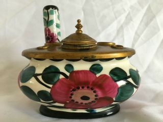 Vintage Hand Painted French Ceramic Oval Inkwell With Floral Decoration.