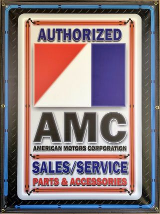 Amc American Motors Corp Dealer Style Neon Effect Printed Banner Sign Art 3 X 4