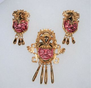 Vintage Marbel Salvador Teran Mexico 14k Gold Plated Mayan Pin & Earrings Set