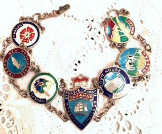 Vtg Sterling Silver Enamel Bahamas Souvenir Bracelet Panel Link Travel Scenes