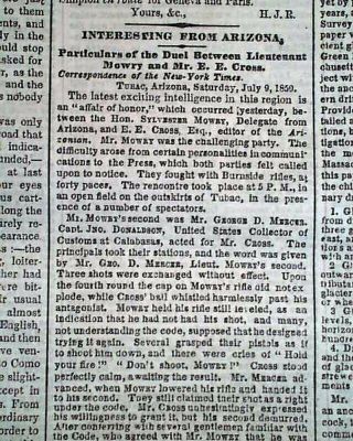 Tubac Arizona Territory Slyvester Mowry & Edward E.  Cross Duel 1859 Newspaper