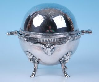 19th C.  Fancy Silver Plate Figural Legs Roll Top Butter Caviar Serving Dish Lion