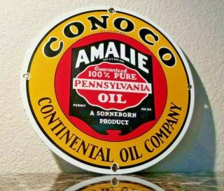 Vintage Conoco Gasoline Porcelain Amalie Oil Service Station Pump Plate Sign
