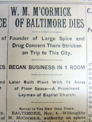 1932 Ny Times Newspaper W Death Of Founder Mccormick Spice Company Baltimore Md