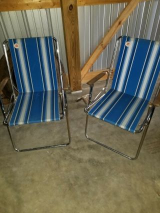 2 Vintage Airstream Zip Dee Lawn Folding Chairs Pacific Blue Stripe