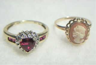 Vintage Ruby Diamond & Cameo Rings 10k Gold Sz 7 & 6 4.  3 Grams Not Scrap